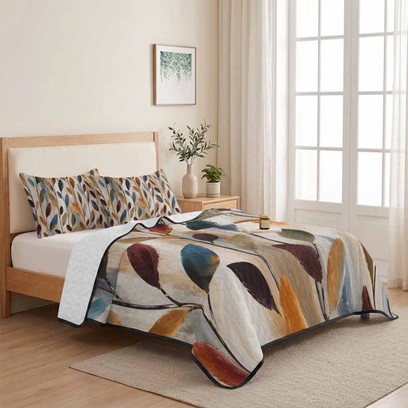 Farmhouse Leaves Brushed Background 3 Pieces Quilt Set,1 Quilt with 2 Shams,Rustic Leaf Bedspread Soft Lightweight Bedding Coverlet Comforter Set for All Season 68"x98"
