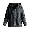 thumbnail image 5 of Yigetop Women's Zip up Hooded Denim Jacket Long Sleeve Hoodie Casual Loose Retro Washed Jean Outerwear Coat Black 3XL, 5 of 5