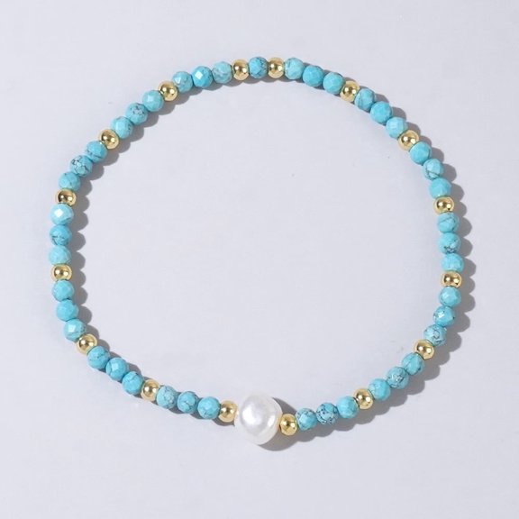 Turquoise Beaded Simulated Gemstone Stretch Bracelet with Pearl Accent Adjustable T36