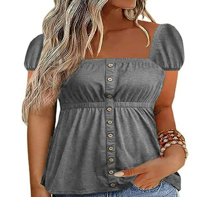 Ladies Summer Blouse Square Neck Casual Button Short Sleeve Tee