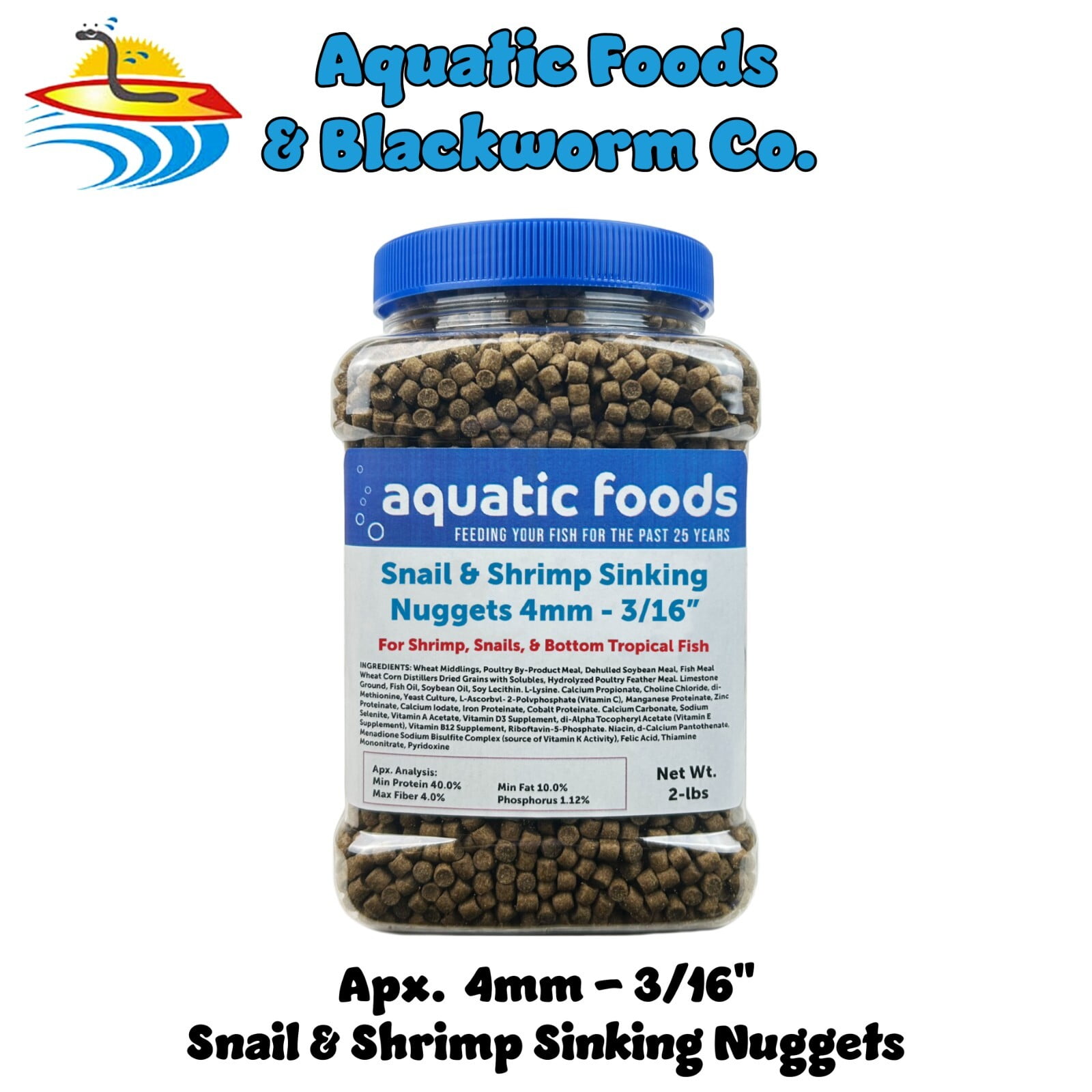 Snail & Shrimp 4mm-3/16" Sinking 40% Protein Nuggets for Snails, Shrimp, Axolotl, Salamanders, All Bottom Tropical Fish 2-lbs Jar