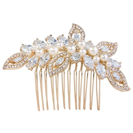 AIMO femmes CZ Crystal Cream Simulé Perle Feuille de mariée cheveux côté peigne ton or