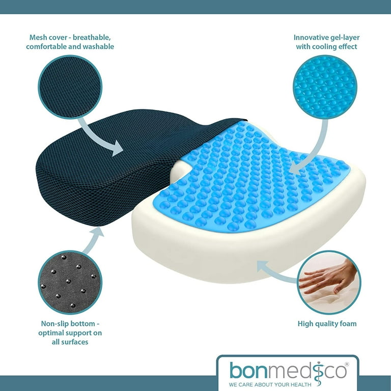 bonmedico Large Orthopedic Seat Cushion, Soft Non-Slip Gel & Memory Foam Seat  Pillow to Relieve Back, Sciatica & Coccyx/Tailbone, For Office Chair Cushion,  Car Seat Cushion Or for Wheelchair, Blue 