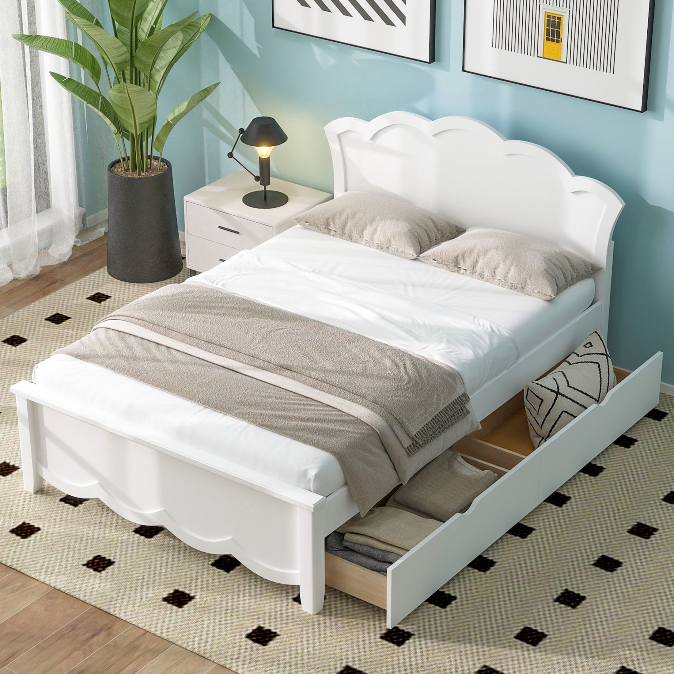 Noble House Caldon Full Size Wood Platform Bed with Headboard, Footboard, and Under-Bed Storage Drawers, White
