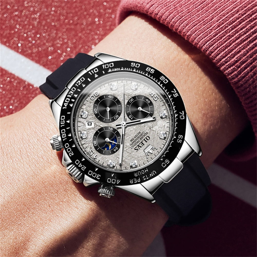 OLEVS Watches for Men Chronograph Multifunction Sport Silicone Luxury Dress Diamond Moon Phase Quartz Male Watch Waterproof Mens Wrist Watches Reloj para Hombre,Gold/Black/White/Blue/Grey Dial