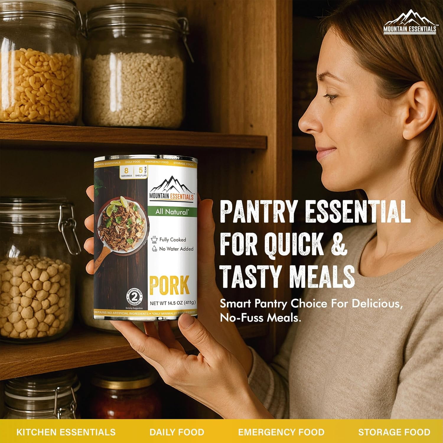 Mountain Essentials Canned Pork 14.5 oz (Pack of 6) – Fully Cooked Ready-to-Eat Pork Meat, Shelf Stable Protein, Gluten Free, No Carbs, Emergency Food Supply, Camping & Pantry Staple, Made in USA