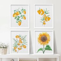 PixonSign Framed Summer Lemon Fruit Sunflower Plants Wall Art, Set of 4 Nature Wildeflowers Wall Decor Prints, Botanical Floral Wall Décor, Landscape Canvas Poster for Home - 8"x10" White