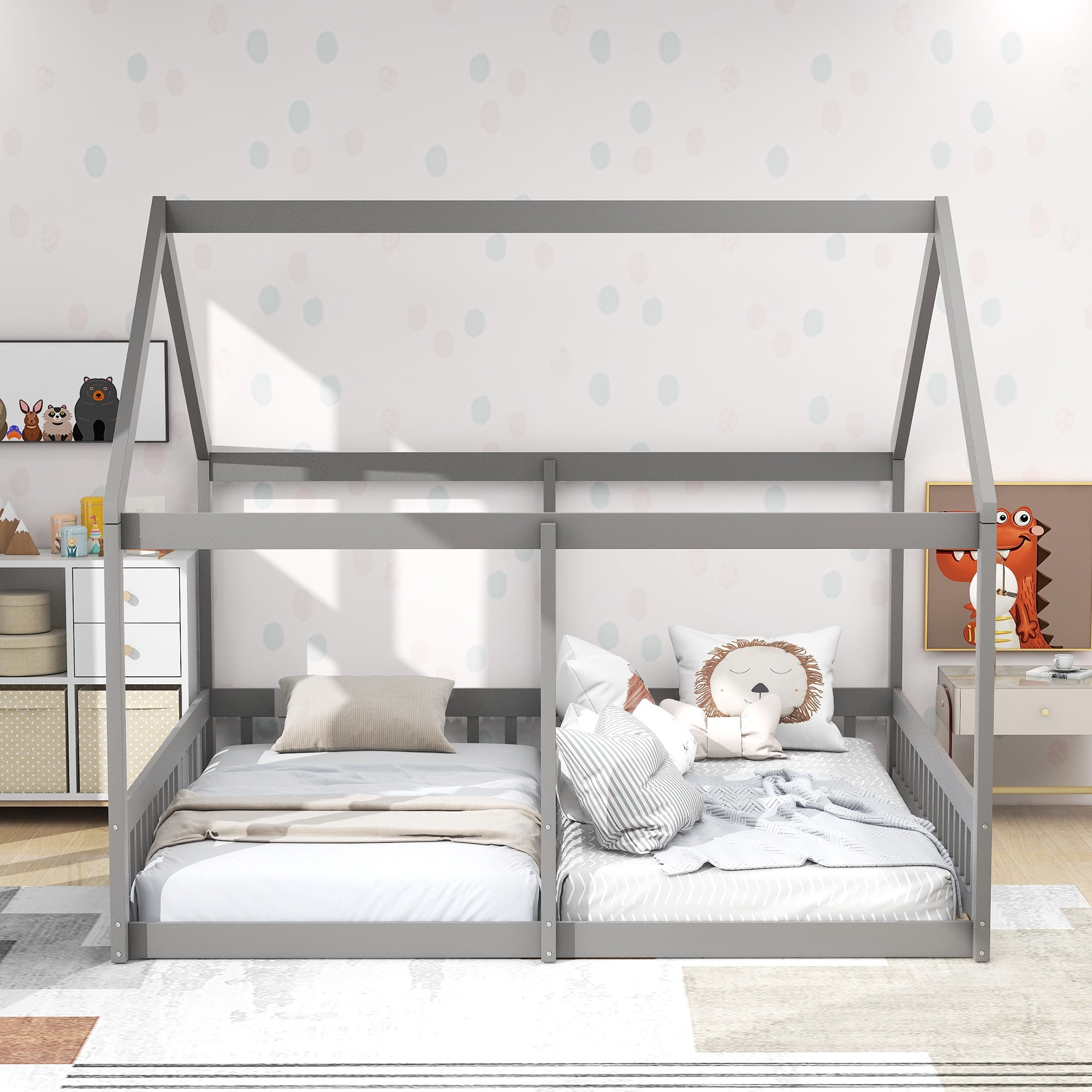 Euroco Modern Wood Two Beds in One Canopy Platform Bed, 2-in-1 Twin Size Bed for Kids Teens Bedroom, Gray