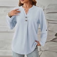thumbnail image 4 of ClodeEU Women V Neck Henley Long Sleeve Pleated Blouse,Casual Loose Solid Tunic Top Light Blue,Women's Plus L, 4 of 6