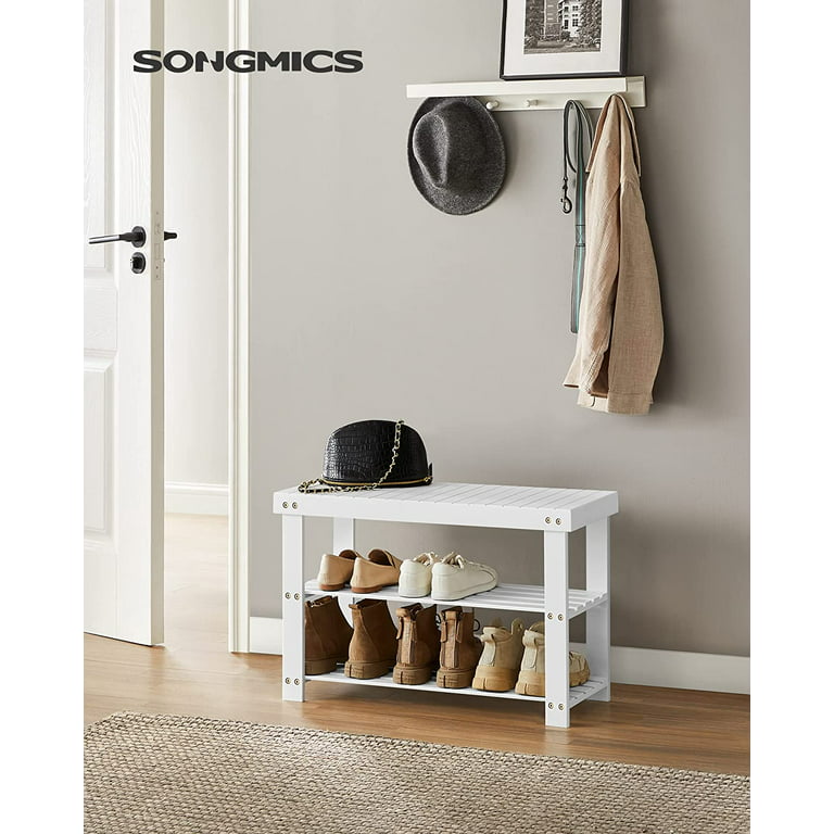 SONGMICS Shoe Bench, 3-Tier Shoe Rack for Entryway, Storage Organizer with  Foam Padded Seat, Linen, Metal Frame, for Living Room, Hallway, 12.2 x 39.4  x 19.3 Inches, Dark Gray and Black ULBS579B33