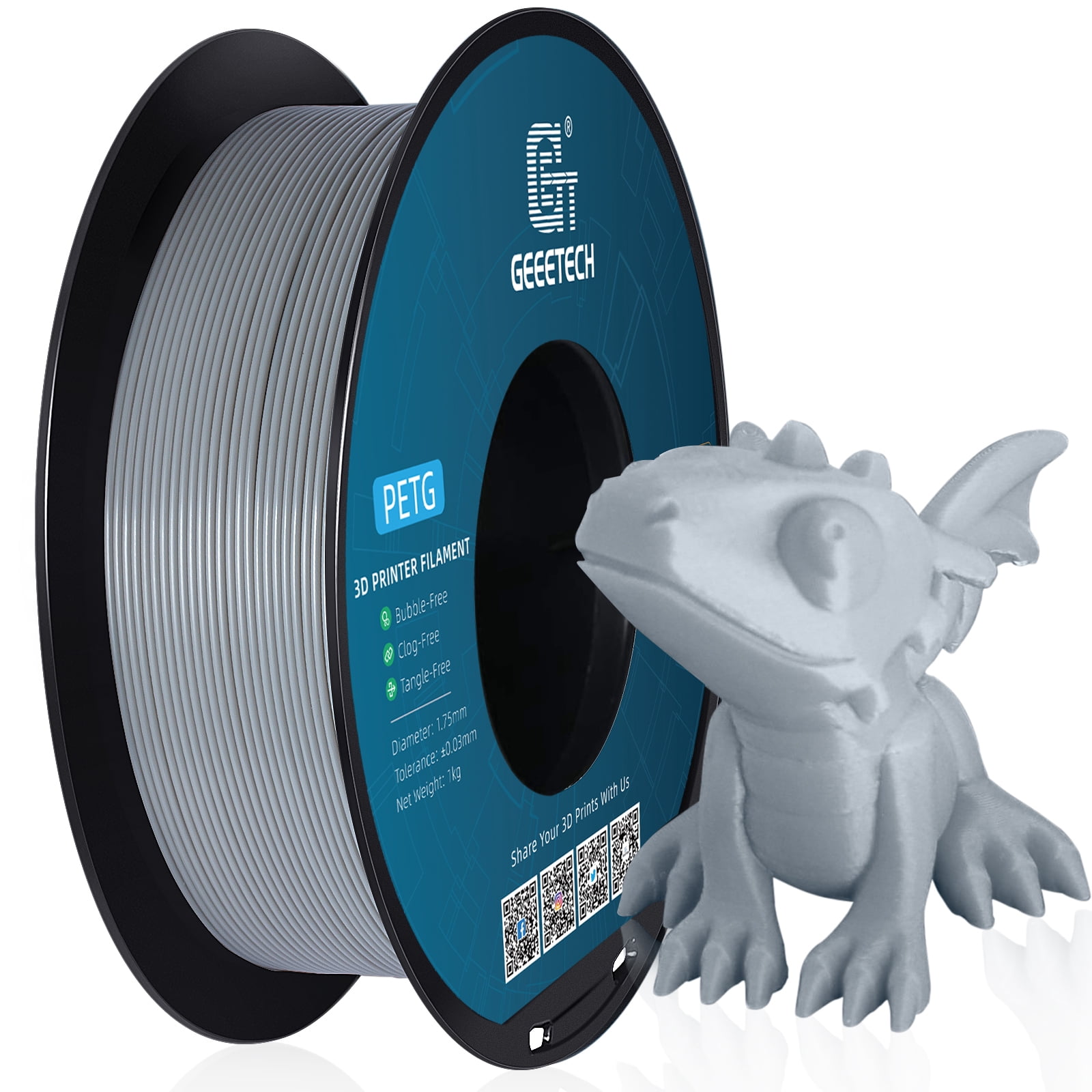 GEEETECH Grey PETG Filament 1.75mm, Upgrade Stronger Toughness Printing Consumables, 10kg (22 lbs) Spool Fit Most FDM 3D Printer