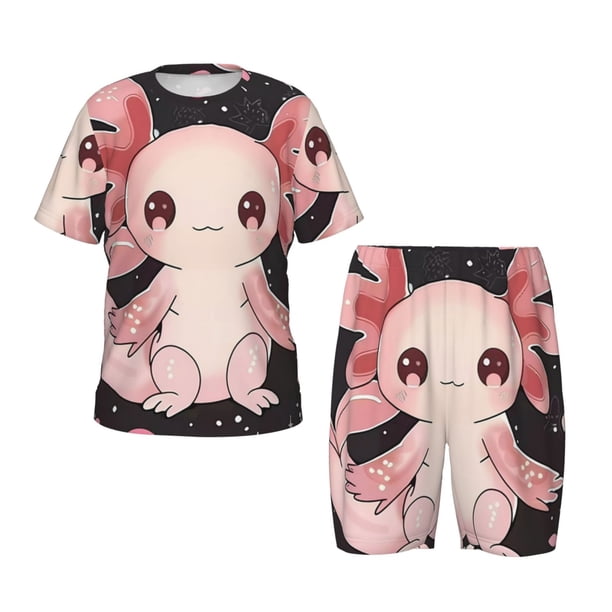 Balery Cute Axolotl Sakura Blossoms Conjunto de Pijama Infantil de Manga Corta con Estampado – Ropa de Dormir de Algodón Suave-Small
