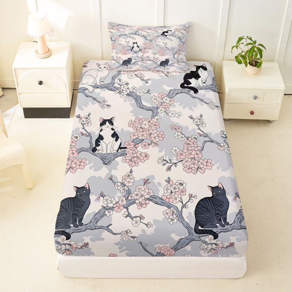 Manfei Vintage Branch Cat Twin Fitted Sheet, Chinese Cherry Blossom Bedding, Gray Pink, 2 Pieces, 1 Fitted Sheet and 1 Pillowcase