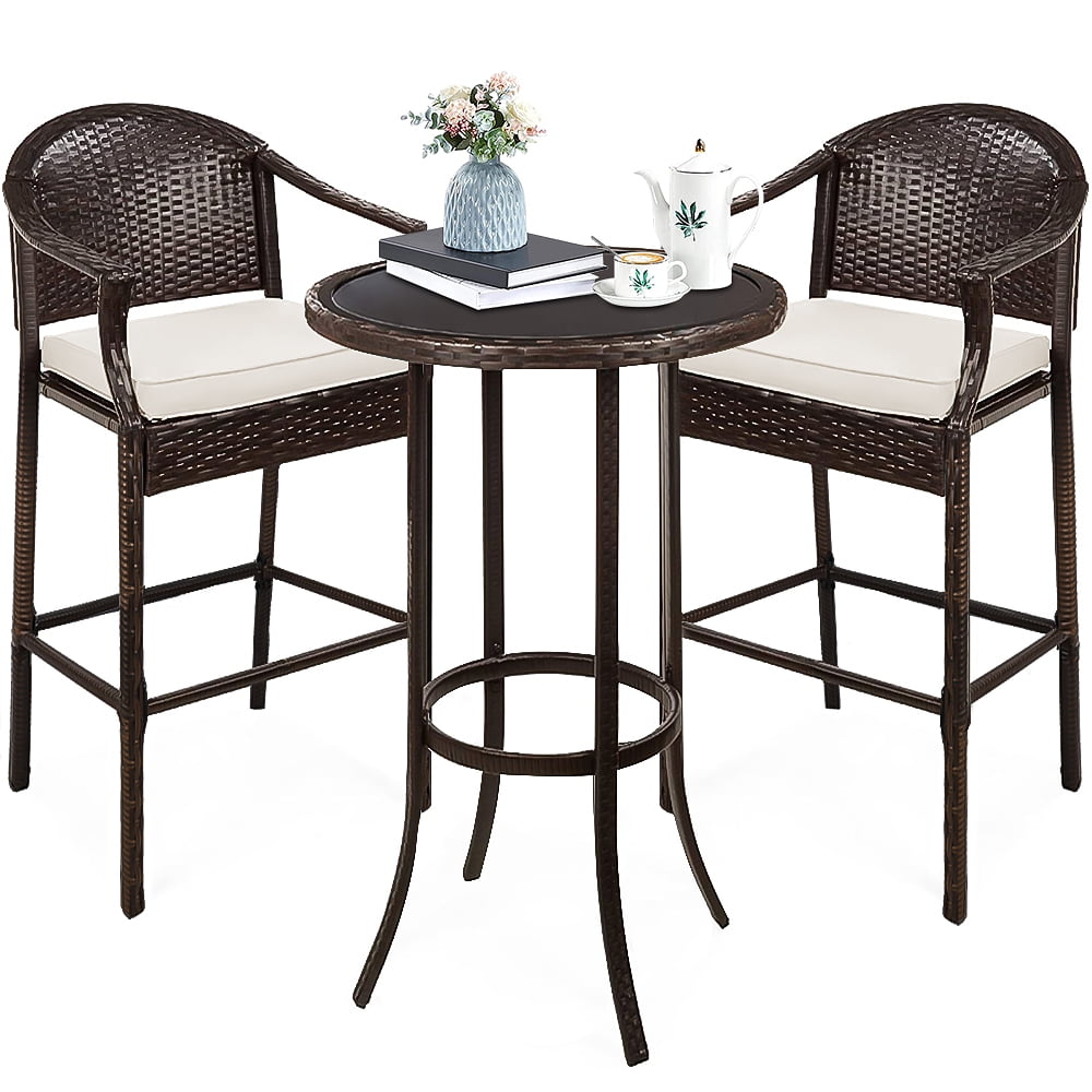 BTMWAY 3 Pieces Patio Bar Set, Outdoor Rattan Patio High Top Table and