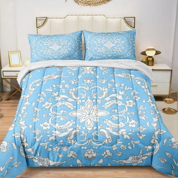 Quilted Comforter Duvet, All Season Duvet, Soft Bedding 3 Set, 1 Duvet Comforter & 2 Pillow Case, light blue bandana print, Twin