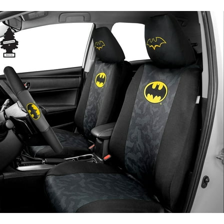 DC Comics Batman Logo Premium Car Accessories Seat Covers with Shoulder Pads and Steering Wheel Cover| Bat Headrest Covers | Air Freshener, Bundle Set