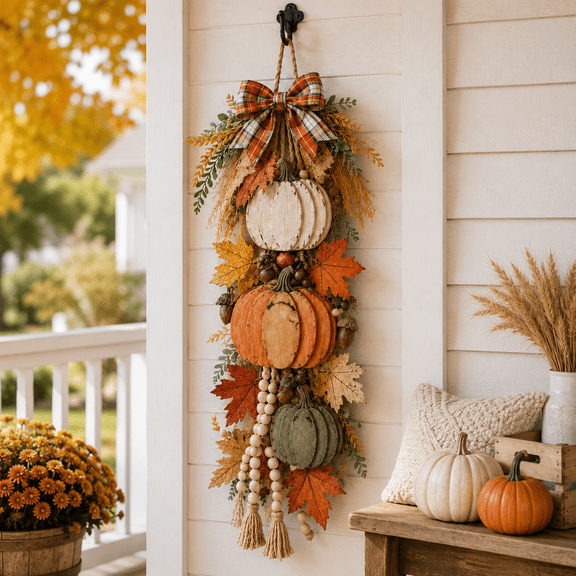 Rustic Wooden Pumpkin Door Hanging with Warm LED Lights 21.7in, Harvest Fall Farmhouse Decor with Autumn Leaves for Porch Entryway