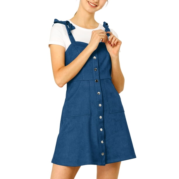 INSPIRE CHIC Vestido corto de tirantes con botones de ante sintético para mujer XS Azul Real