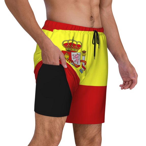 Mens Spanish Flag 2 in 1 Quick Dry Swim Trunks with Compression Liner Beach Shorts