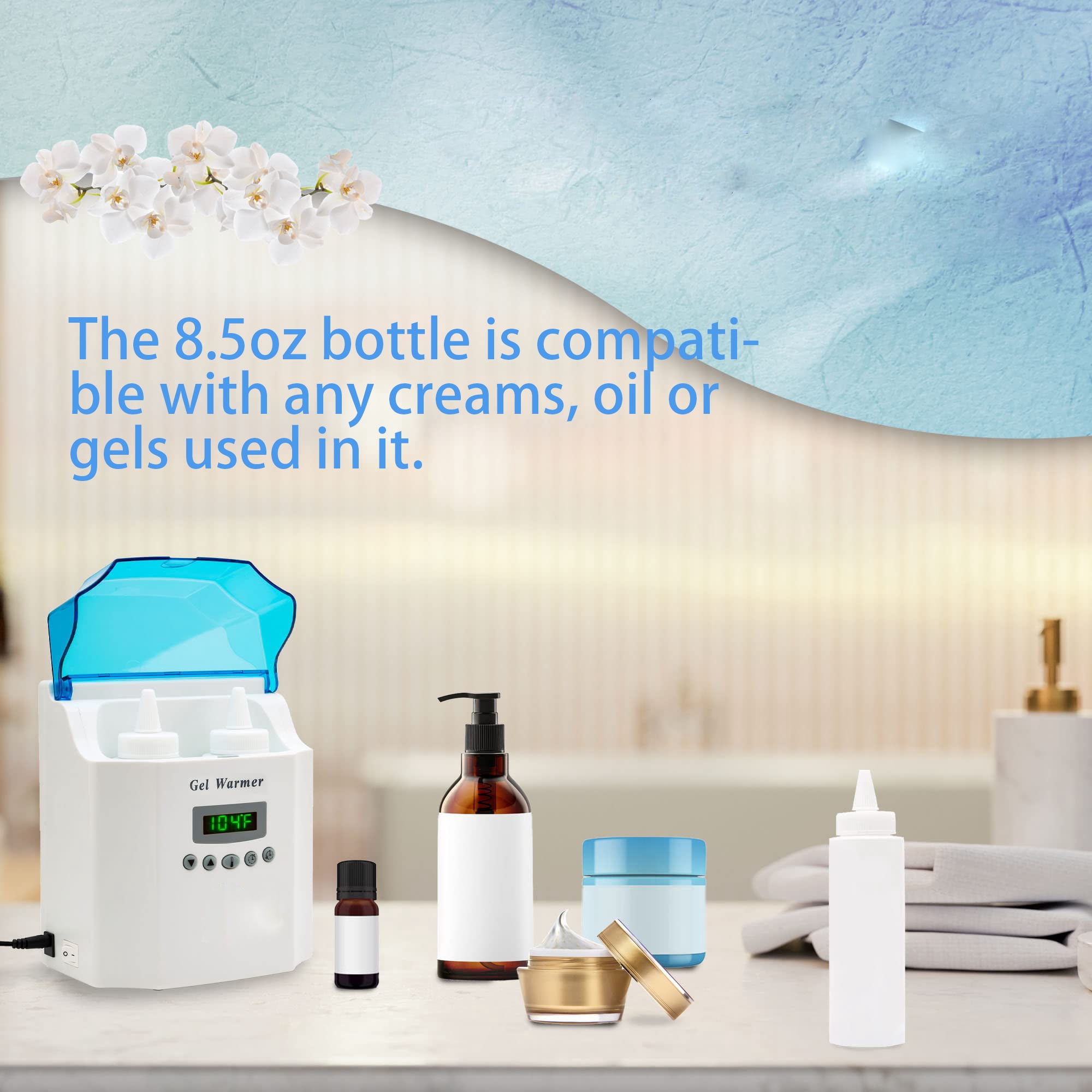 2-Bottle Gel Warmer with Precision Digital Display, Built in Timer, Heater for Massage Cream, Baby Lotion, & Oils, Wall Mountable & Freestanding Option, Adjustable Temperature, for Home & Spa