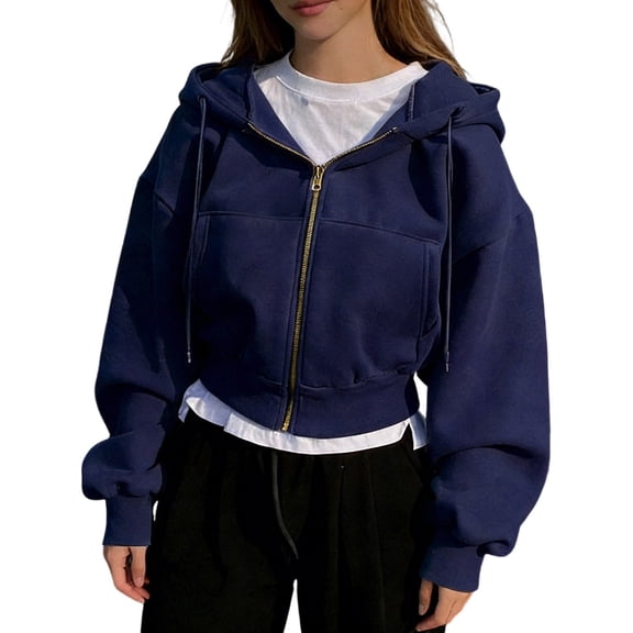 SNKSDGM Women Solid Cropped Full Zip Up Hoodie Jacket, Oversized Long Sleeve Drawstring Sweatshirt With Patch Pockets Casual Street Outer Tops Navy XL