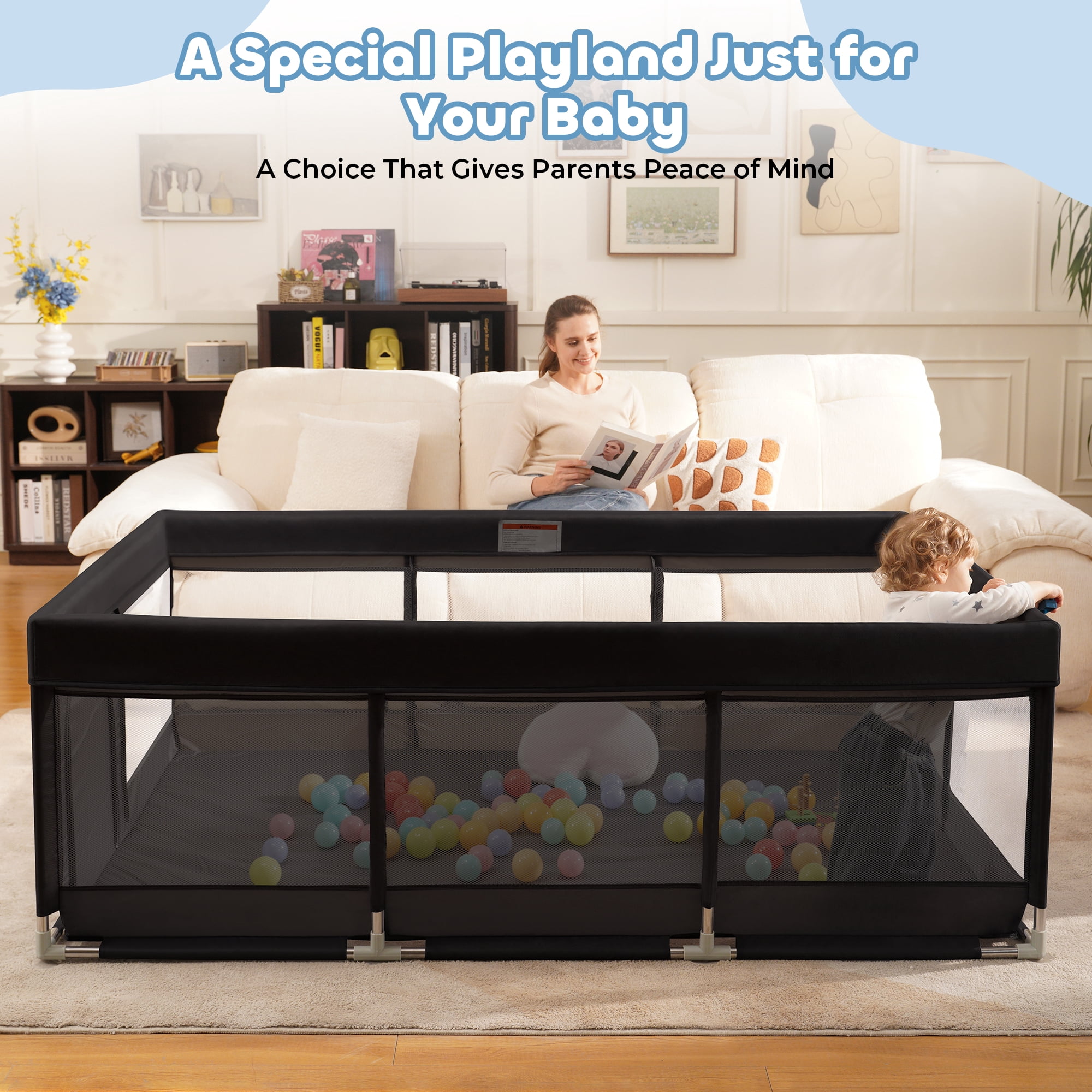 Babyeap Baby Playpen Large Play Yard Fence for Toddlers, 71"x50" Black