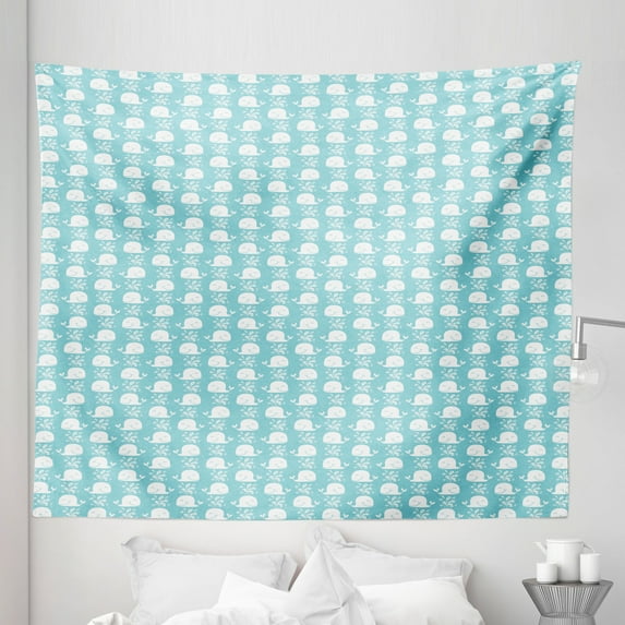 Blue and White Tapestry, Doodle Pattern with Waves and Funny Whales Ocean Life Illustration, Fabric Wall Hanging Decor for Bedroom Living Room Dorm, 5 Sizes, Pale Blue and White, by Ambesonne