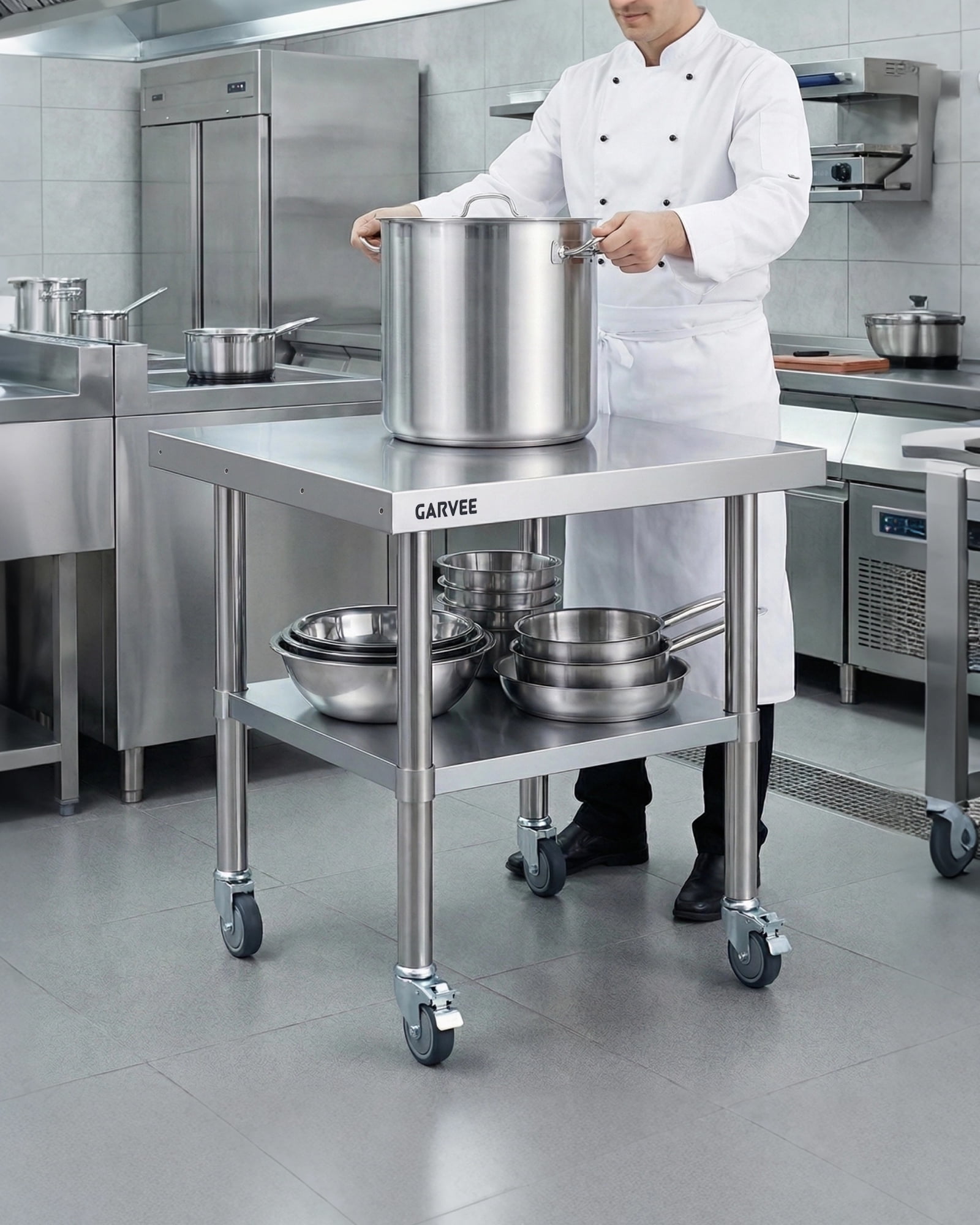 M optimized 24x30 Inch Stainless Steel Work Table with Wheels, Commercial Prep Table with Detachable 3-Sided Backsplash and Adjustable Shelf, Rolling Workbench for Kitchen Restaurant Garage