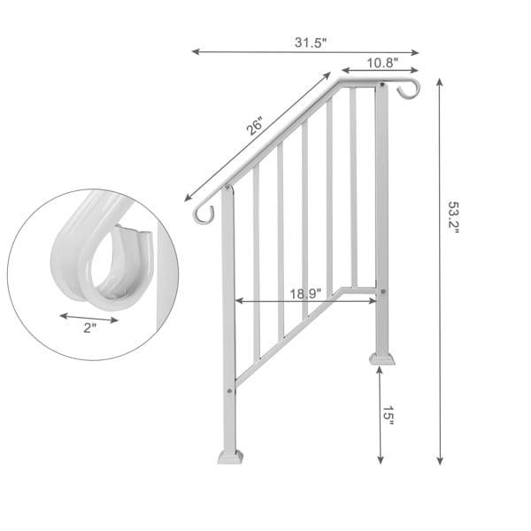 Handrails for Outdoor Steps, Iron Handrail Fits 2 Step, Transitional Handrail with Installation Kit, White