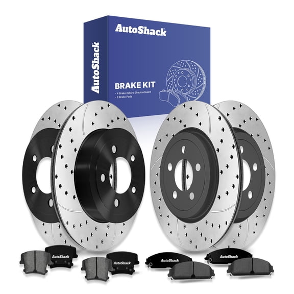 AutoShack Front & Rear Drilled & Slotted Brake Rotors Ceramic Brake Pads | Replacement for Dodge Charger 2015-2018 Challenger 2014-2020 Chrysler 300 V6 | E-Coated | 12-PC Brake Kit | ShadowGuard