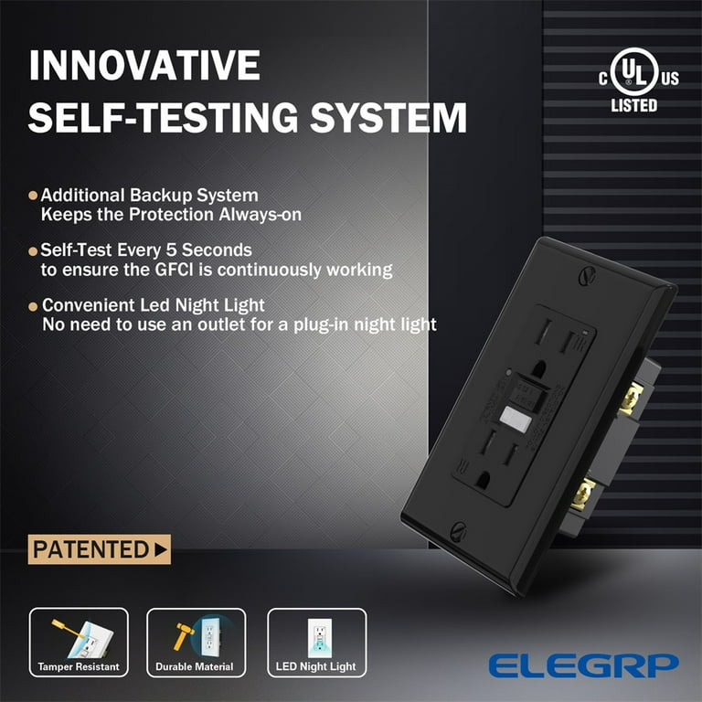 ELEGRP GFCI Outlet With Night Light, 15A Tamper-Resistant, Self-Test, Narrow Design - 6 Pack, Matte Black
