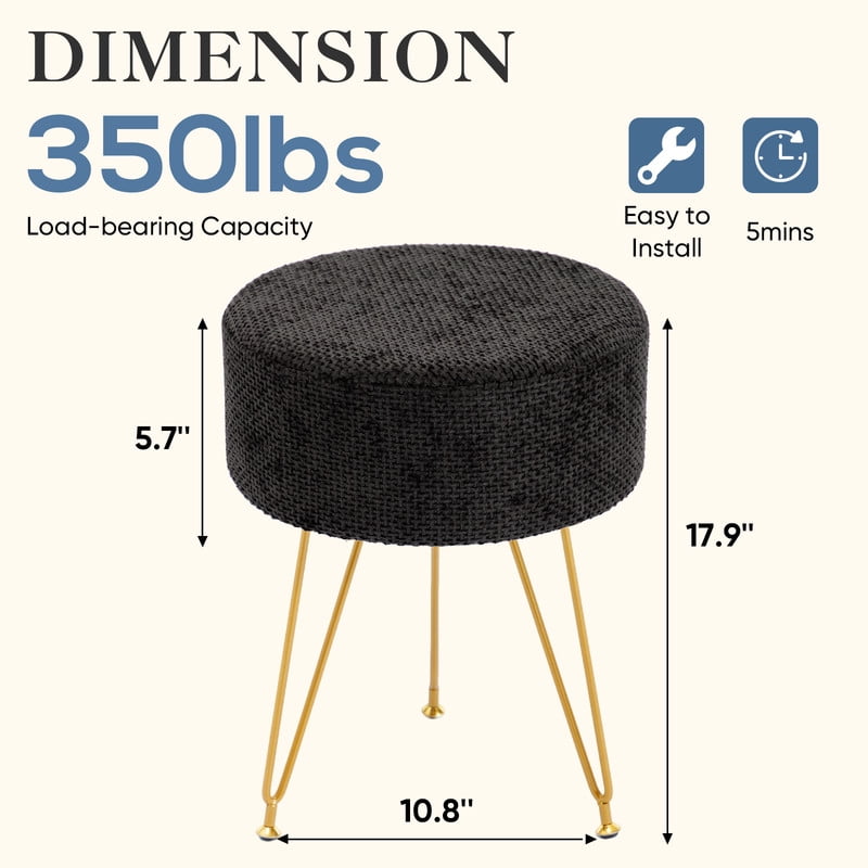 Gianna Round Ottoman, Makeup Cute Soft Small Footstool, Modern Style Faux Fur Seat with 3 Metal Legs for Dressing, Living Room Bedroom Dorm, Black