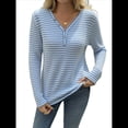 thumbnail image 2 of Camisa de Punto A Rayas de Larga con Cuello en V para Mujer, Estilo Túnica Informal, Holgada y Elegante, para Otoño. Azul M, 2 of 10