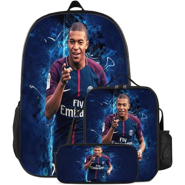 Conjunto de mochila infantil de 3 piezas con diseños de jugadores de fútbol para el colegio.