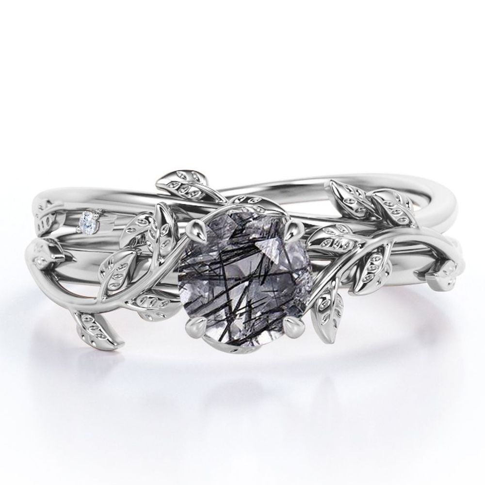 JeenMata Leaf and Vine - 0.5 TCW Round Cut Black Rutilated Quartz - Solitaire Wedding Ring Set - 18K White Gold Plating over Silver