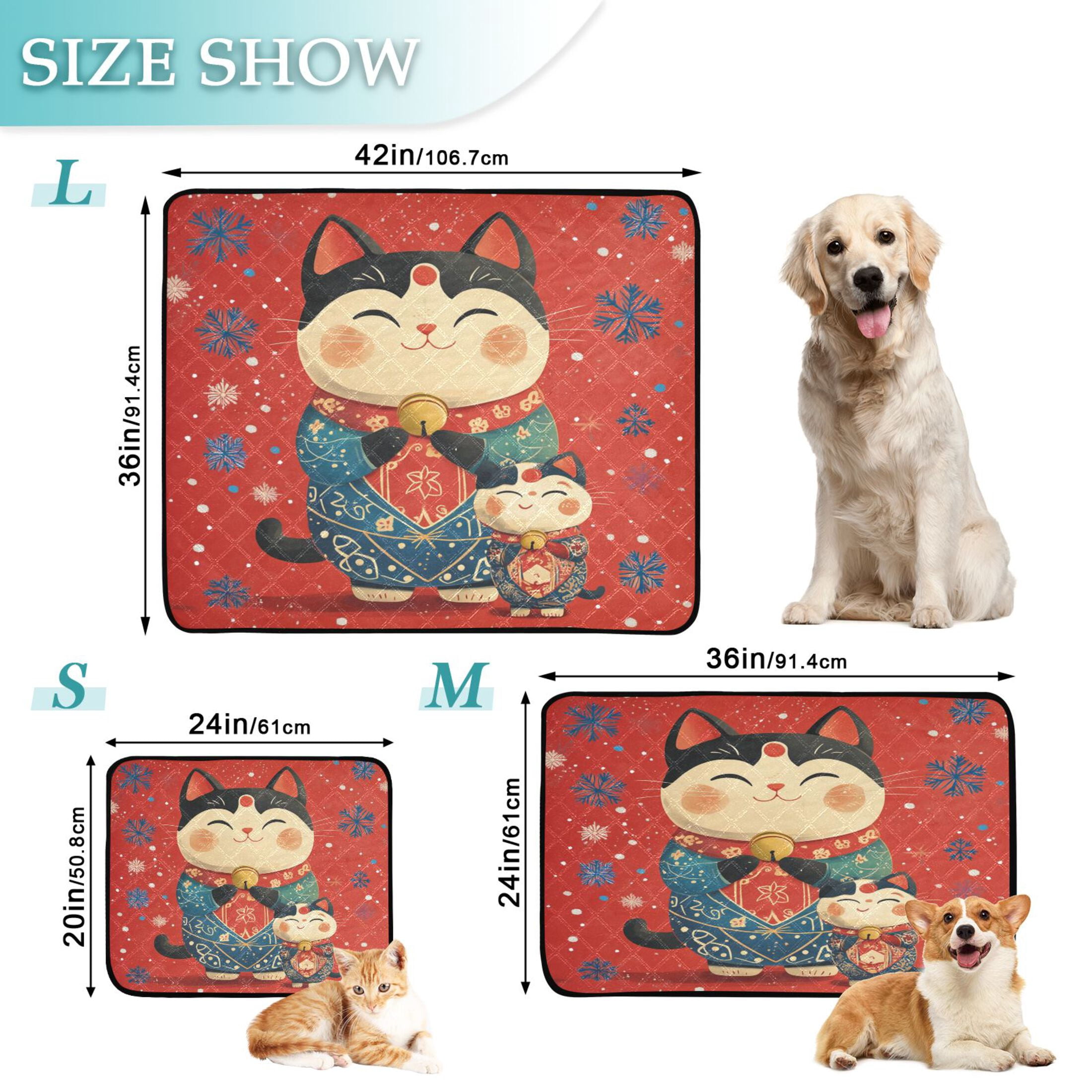 Qxltty Illustration Of Fortune Cats with Blue Snowflakes Cat litter Pads Pet Set of 3 Diaper Mats Center Anti-leakage Layer Absorbent Soft and Comfortable