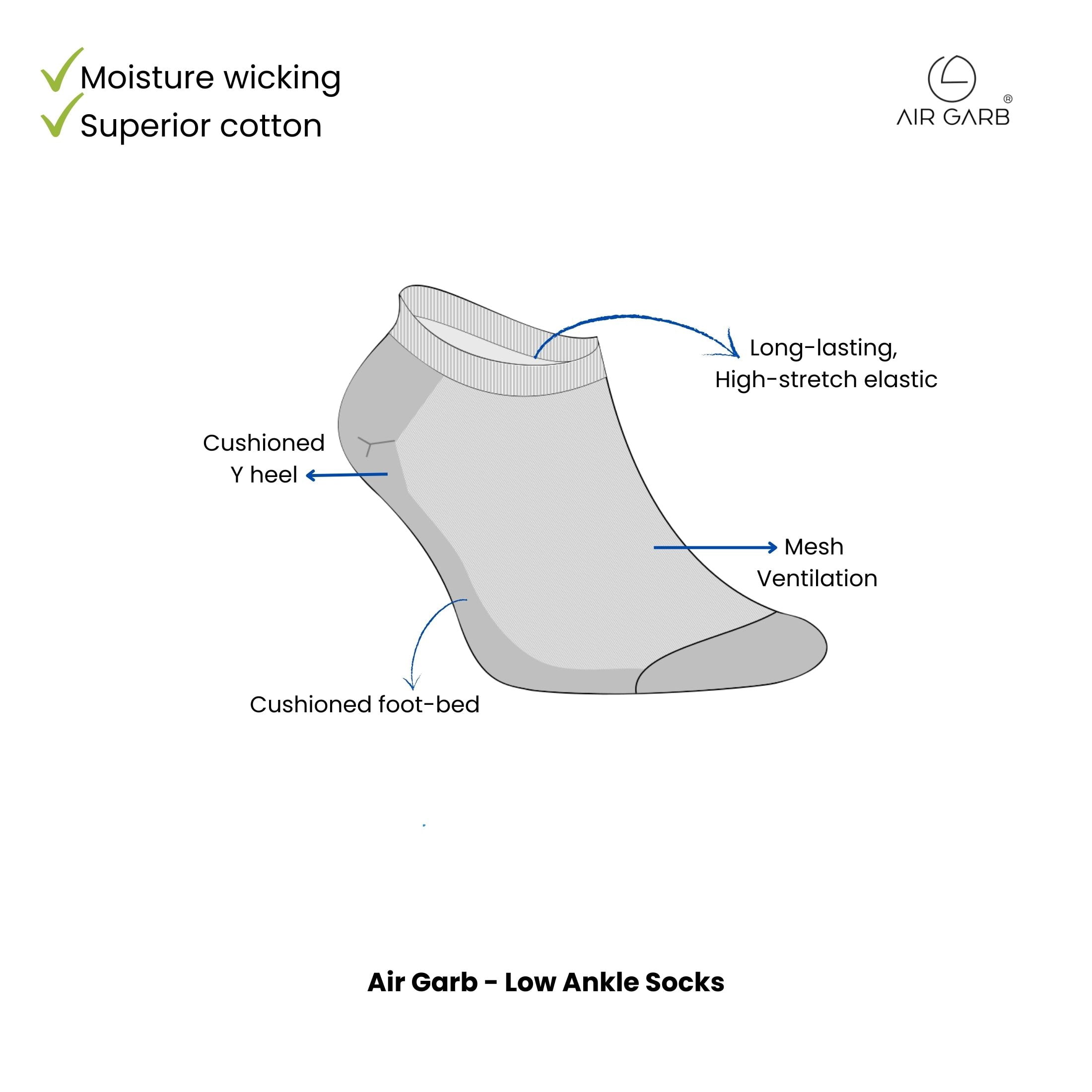 AirGarb Stylish Striped Low Ankle Cotton Socks for Men and Women: Comfortable Cushioning & Breathable Design Free Size - ST12-BL (Pack of 12)