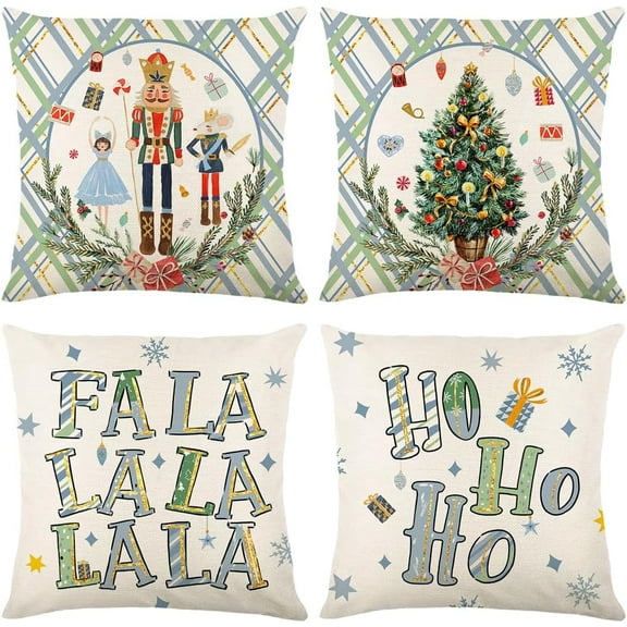 Nutcracker Pillow Covers Christmas Tree Pillow Cases Decorative Throw Pillows 16 x 16 Inch Set of 4 Xmas Winter Holiday Pillow Cushion Case Covers for Sofa Couch Green