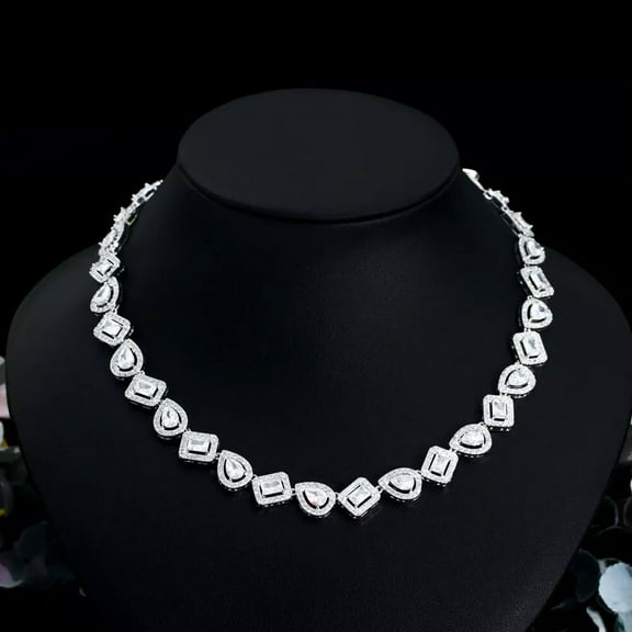 White Cubic Zirconia Square Drop Chain Choker Necklace Silver Plated CZ Jewelry