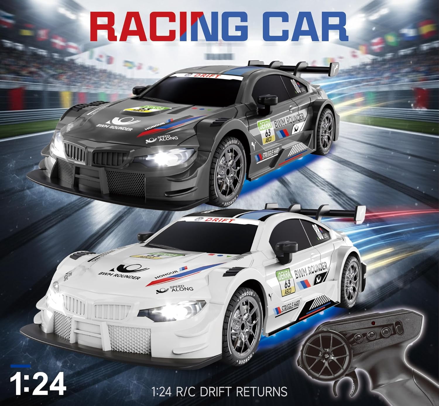 HYPERLIVING Remote Control Car – 1:24 Scale 4WD RC Drift Car – 2.4GHz High-Speed ​​Racing Car (20 km/h) with Two Batteries and LED Lights