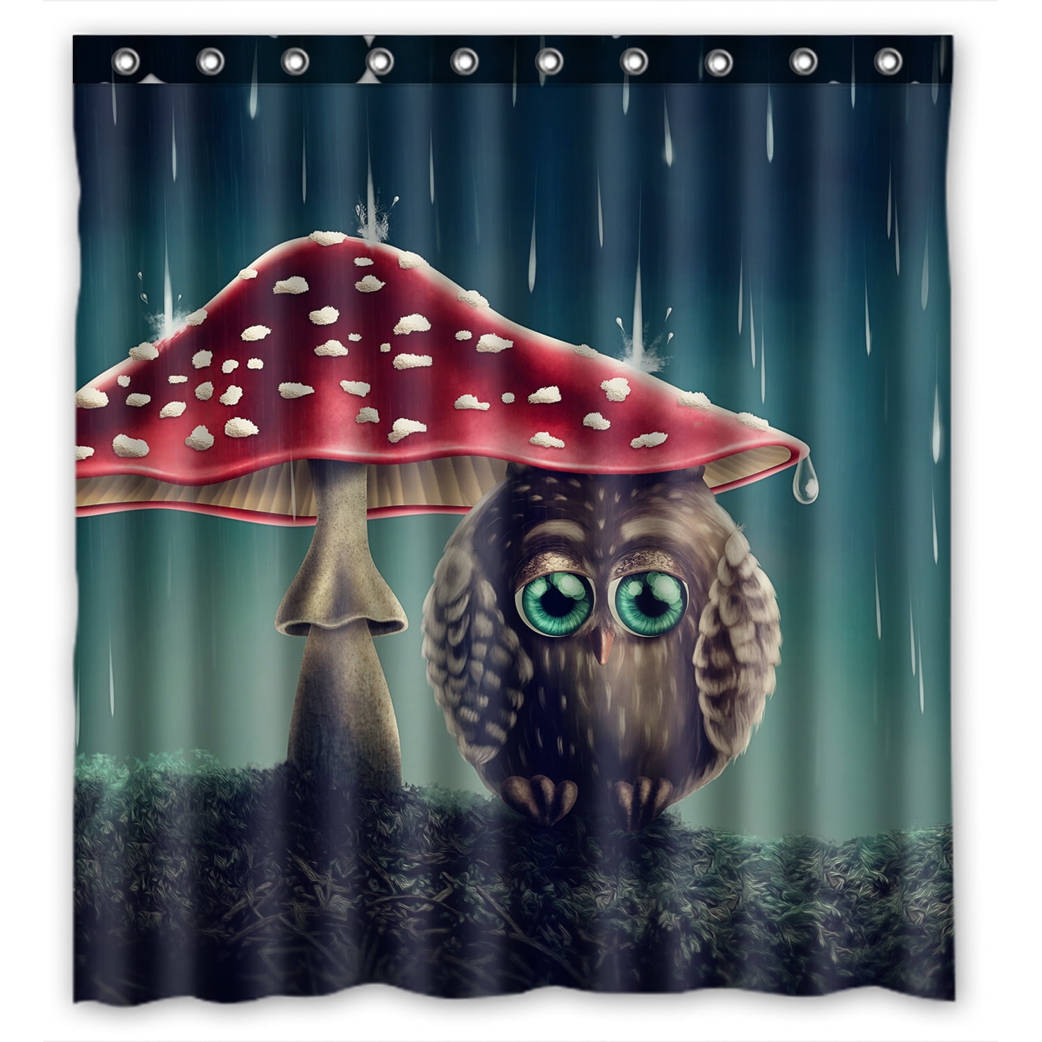 YKCG Little Owl Sitting Under Red Mushrooms Cute Animal Shower Curtain