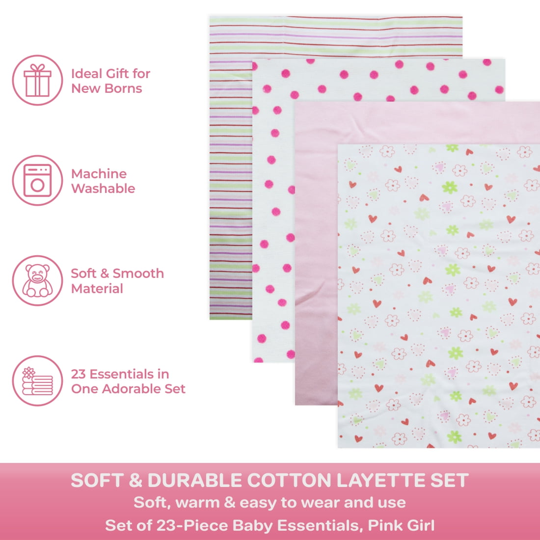 Spasilk Baby 23 Piece Essential Basics Layette Clothing Set for Newborn and Infant Girls, Gift Baskets and Showers, Pink Flowers