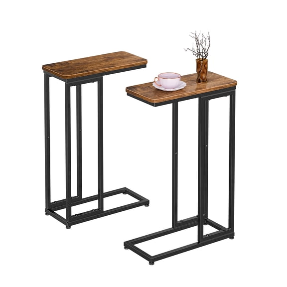C Shaped Side Table Set of 2, Rustic Brown Wood Top with Black Metal