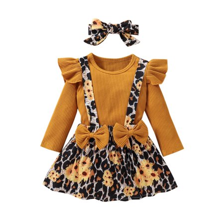 

Newborn Girl Clothes Set Toddler Baby Girls Solid Tops+Leopard Floral Printed Suspender Skirts Outfits Baby Cute Clothing