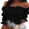 thumbnail image 1 of Women‘s Off Shoulder Ruffle Trim Puff Long Sleeve Tube Crop Blouse Shirt Top, 1 of 2