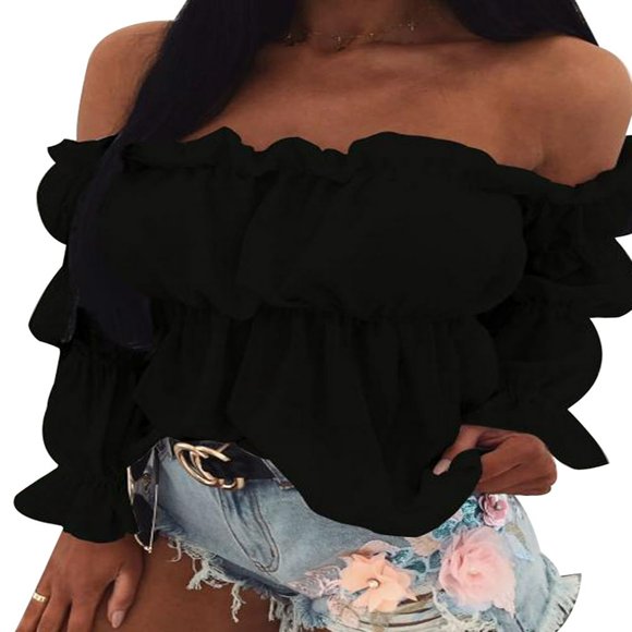 Women‘s Off Shoulder Ruffle Trim Puff Long Sleeve Tube Crop Blouse Shirt Top