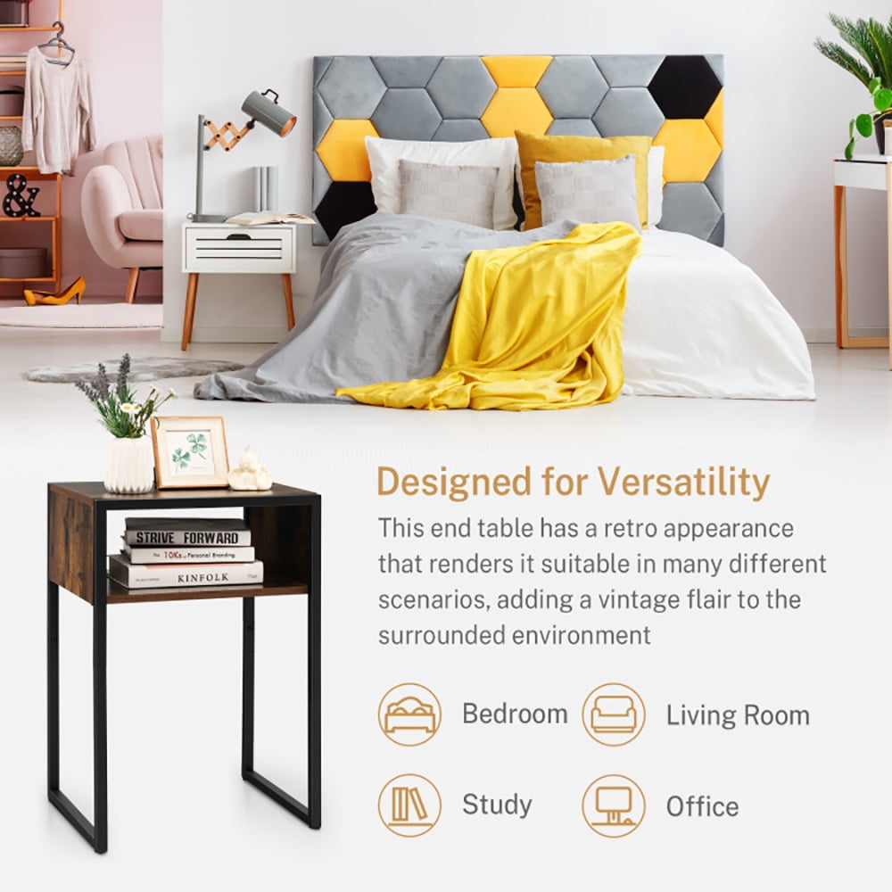 Finihen End Side Table, Rectangular Nightstand, Industrial Side Table with Anti-Rust Steel Frame and Open Storage, for Living Room, Bedroom, Brown Finihen End Side Table, Rectangular Nightstand, Industrial Side Table with Anti-Rust Steel Frame and Open Storage, for Living Room, Bedroom, Brown