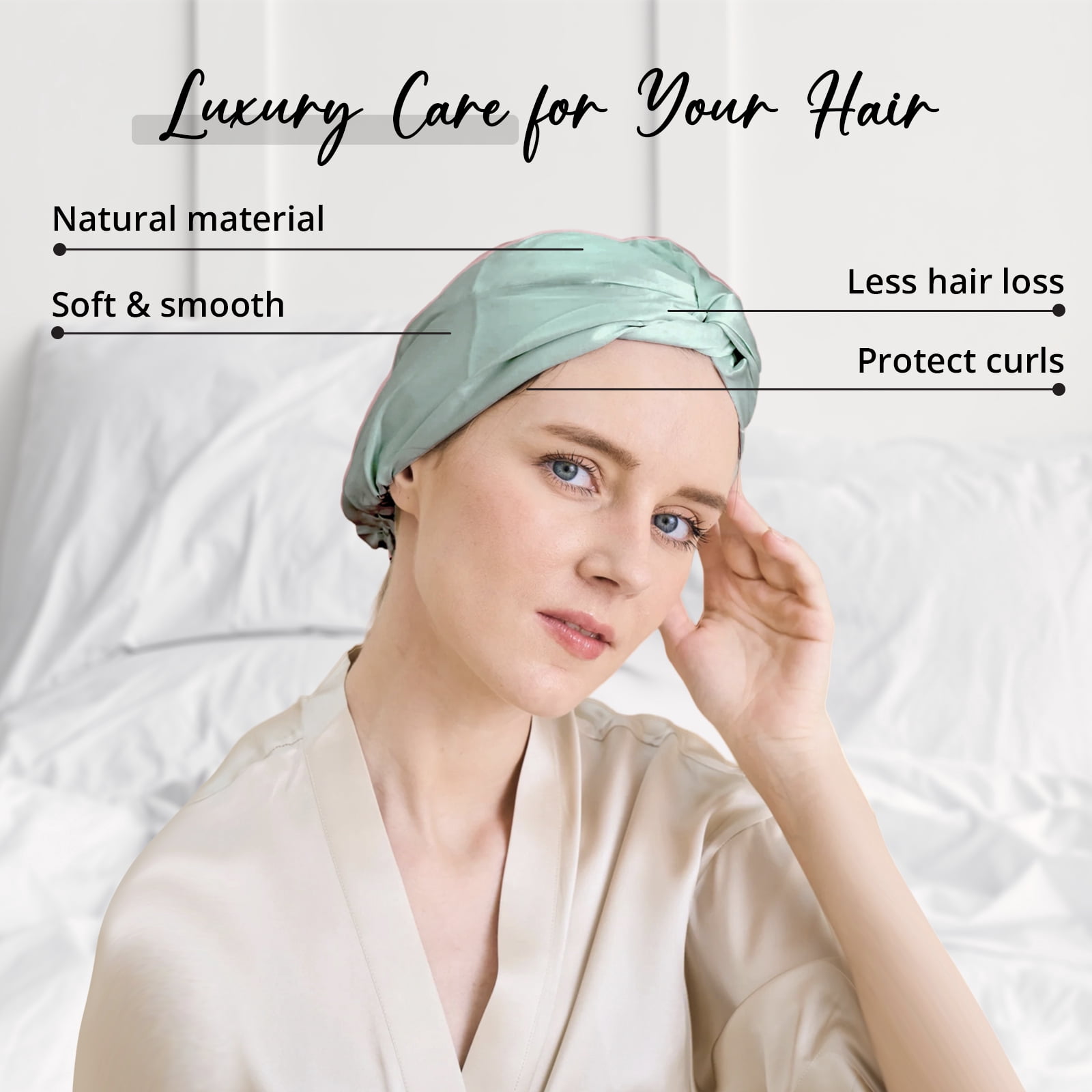WIGI 100% Mulberry Silk Bonnet with Scrunchie Gift for Women, Silk Bonnet for Sleeping, Shower Cap Hair Bonnet, Silk Hair Wrap for Hair Care (100% Mulberry Silk (Bow design), Mint Green)