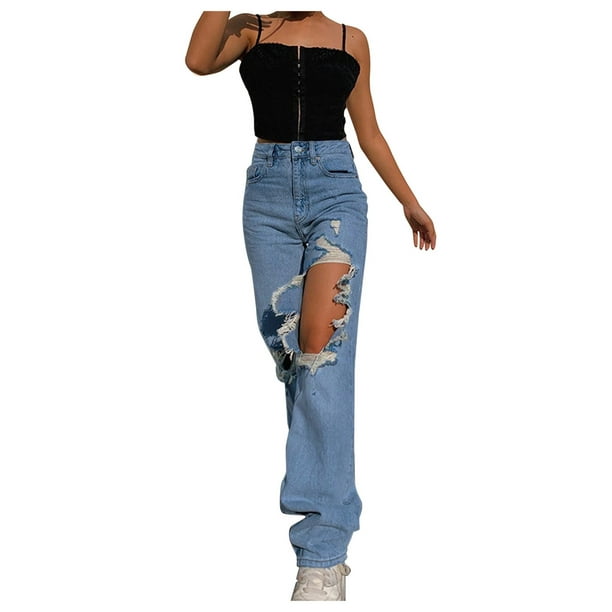 Trendy High Waisted Straight Leg Jeans With Ripped Holes For Women White  Streetwear Denim Denim Trousers For Women For Boys And Girls From  Qualityclothes, $31.56