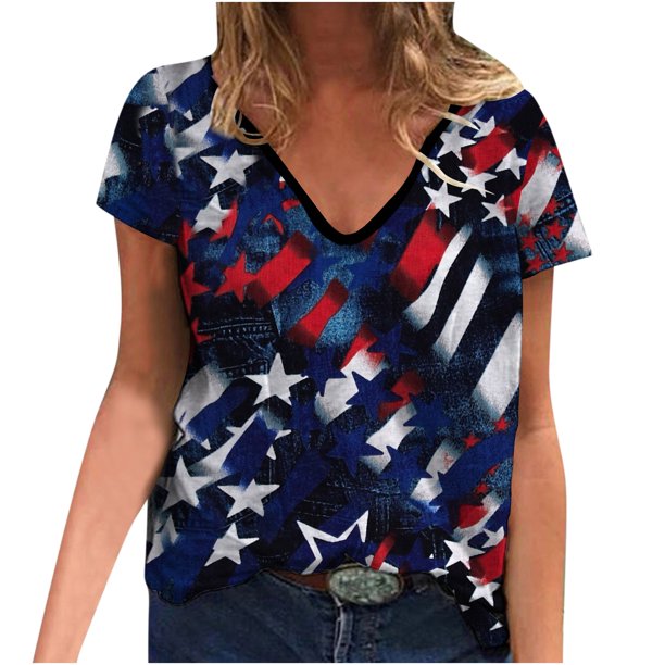 Camiseta informal de moda para mujer con cuello en V y manga corta con estampado de estrellas Fridja hjk4140